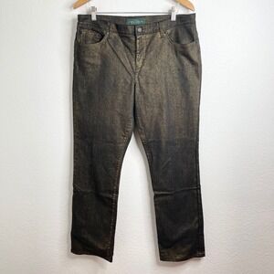 Lauren Ralph Lauren Gold Metallic Foil Coated Straight Leg Jeans Black Size 14